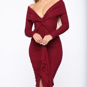 Off Shoulder Midi Dress, Size L, Burgundy